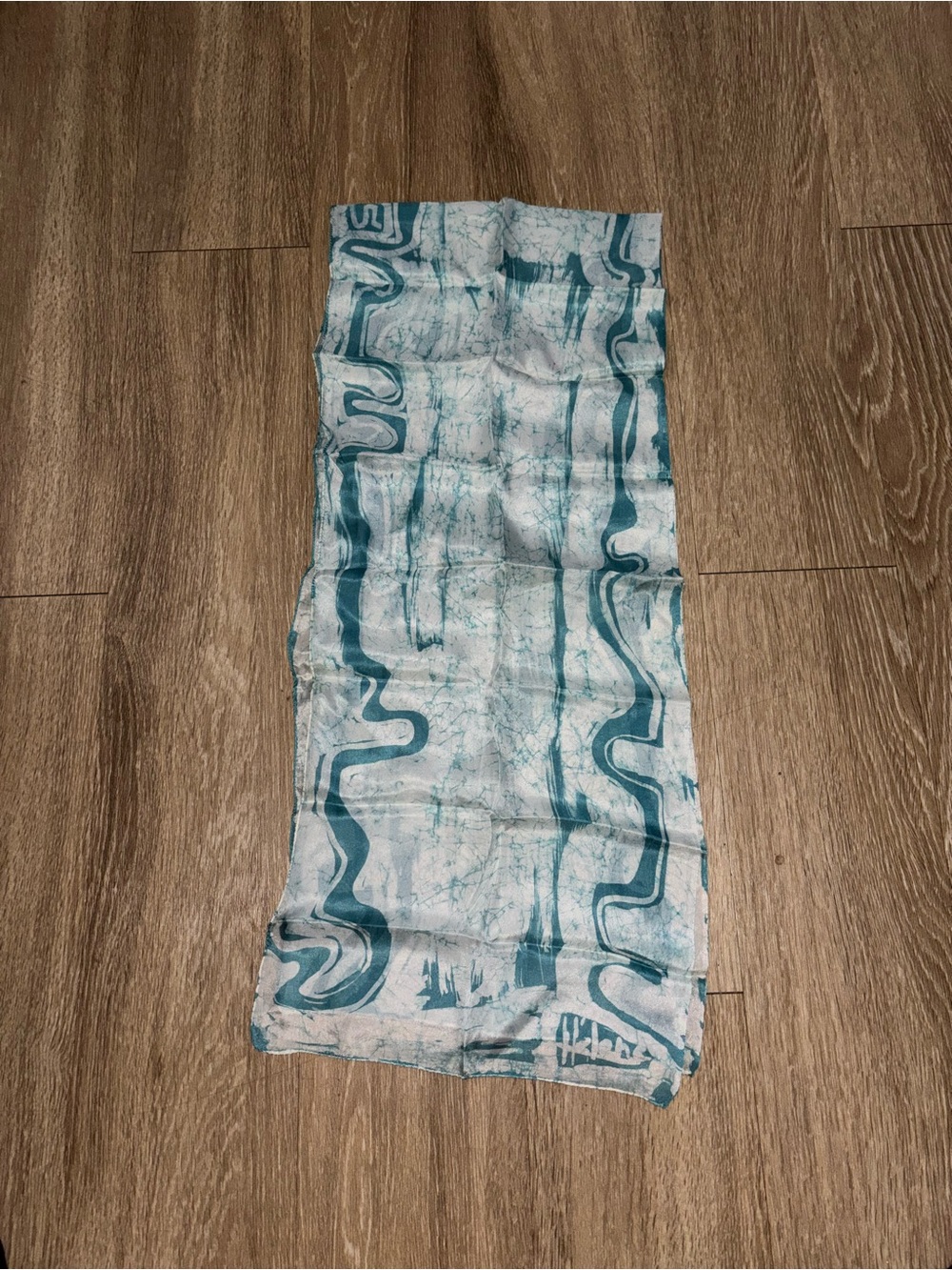 Vintage Signed Helene Hand-Dyed Batik Scarf Abstract Teal White Sheer Wrap b53